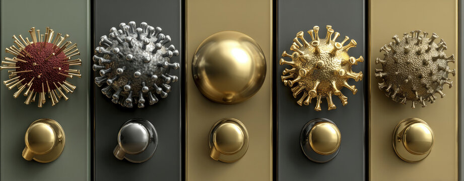 Decorative metal knobs and fasteners close up