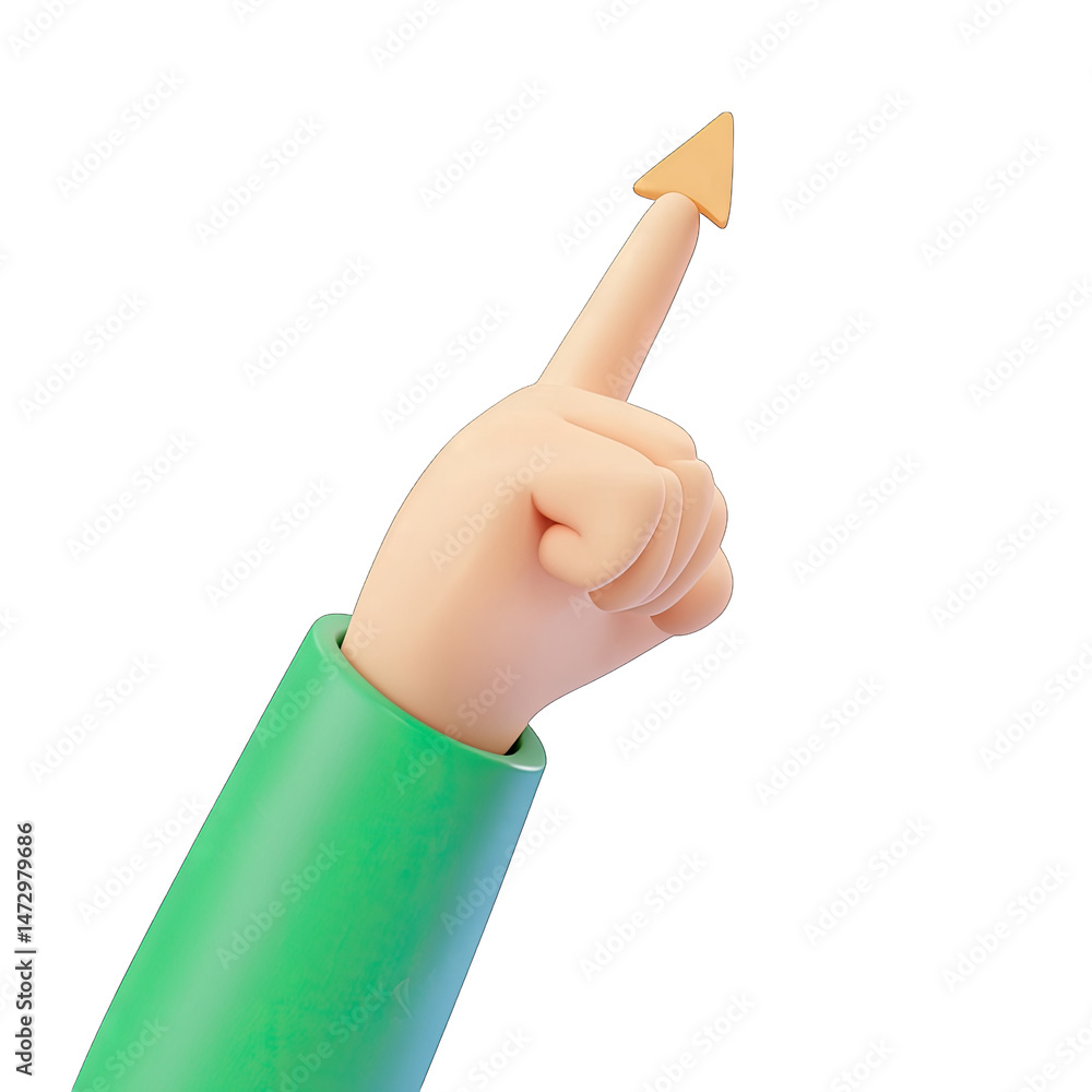 Poster a 3d cartoon hand pointing upwards with an index finger and a golden arrow
