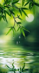 Obraz premium Delicate bamboo leaves, raindrops, and ripples on tranquil water