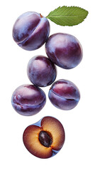 Obraz premium A Cluster Of Five Whole Ripe Plums With A Single Plum Cut In Half Revealing Its Juicy Flesh And Seed A Green Leaf Rests On Top Of The Cluster