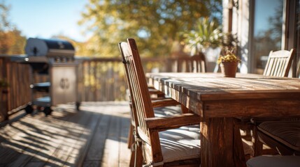 Rustic Wooden Patio Furniture on a Sunny Deck with Barbecue Grill