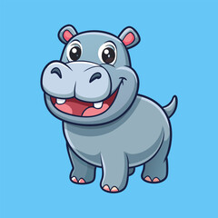 Naklejka premium Happy Hippo: A cheerful cartoon hippo, smiles brightly, exuding joy and happiness against a vibrant blue backdrop.