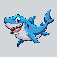 Obraz premium Friendly Shark Cartoon: A cheerful cartoon shark with big teeth, a wide grin, and expressive eyes, swimming with enthusiasm.