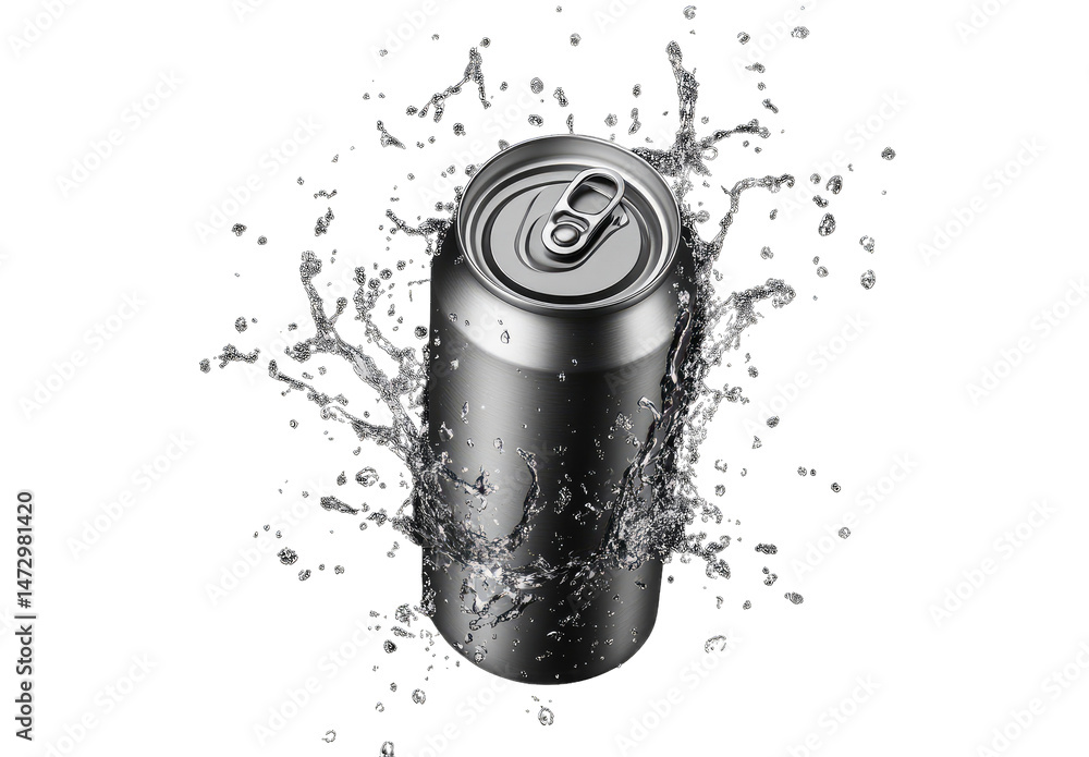 Fototapete a silver aluminum can with a pull tab sits on a transparent background surrounded by a splash of wat