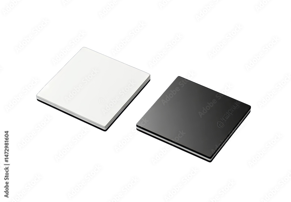 Poster two square blank boxes one black and one white on a transparent background the boxes are made of car
