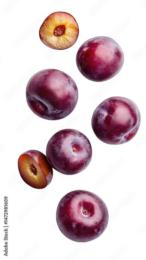 Poster a group of six whole red plums and two halved red plums with the flesh showing arranged in a random 