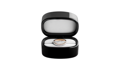 A Classic Diamond Ring Sits Inside A Black Velvet Ring Box The Ring Is A Silver Band With A Row Of Small Diamonds In The Center Accented By A Thin Rose Gold Band The Ring Is A Beautiful Piece Of Jewel