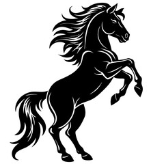 Noble Stallion's Regal Pose: A powerful black stallion rears up, showcasing its strength and elegance in a dynamic pose, conveying majesty and freedom.