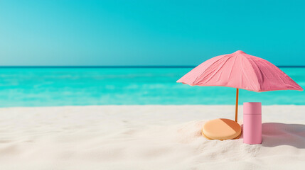 Fototapeta premium On left side of image white cosmetics cream tube without labels, tube stays on sand , blurred Maldives beach on background, mockup