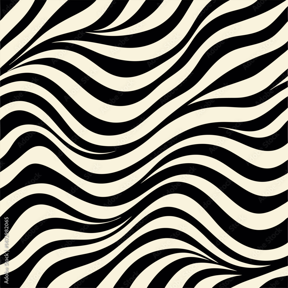 Poster optical illusion: a striking, abstract design of undulating black and white stripes, creating a mesm