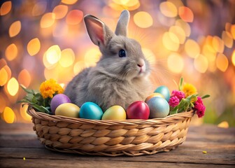 Adorable Grey Bunny with Colorful Easter Eggs in Basket