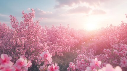 Fototapeta premium Lush pink blossoms fill a spring landscape at sunrise.