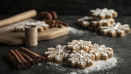 Festive snowflake cookies, baking ingredients
