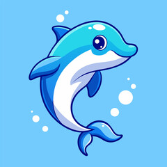 Obraz premium Joyful Dolphin Illustration: A cheerful dolphin, with its vibrant blue and white colors, playfully leaps through the ocean waters, accompanied by sparkling bubbles and a charming smile.