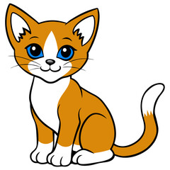 Obraz premium Cute Orange Kitten: An adorable cartoon illustration of an orange and white kitten with big blue eyes, sitting and looking cheerful.