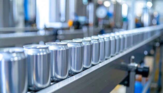 Row of aluminum cans on a conveyor belt, industrial process and background machinery visible
