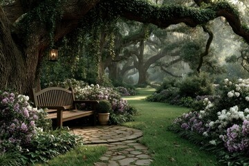 Enchanted Garden Scene with Wooden Bench and Lush Vegetation