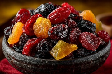 A bowl of assorted dried fruits including raisins cranberries and apricots for healthy snacki