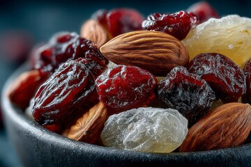 A bowl of assorted dried fruits and nuts perfect for healthy snacking and culinary uses