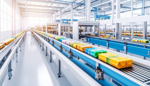 Packages moving on conveyor belts in a factory, highlighting automated delivery