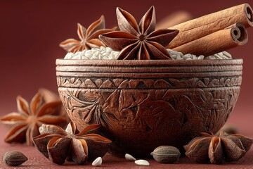 A bowl of aromatic spices with star anise cinnamon sticks and cloves for culinary and herbal