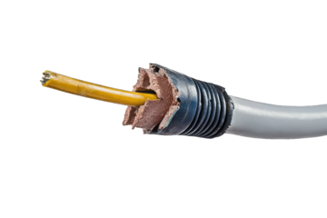Close-up Of A Damaged Electrical Cable With Exposed Wires Isolated On Transparent Background The Cable Is Broken And Frayed With The Insulation Missing Could Be A Safety Hazard