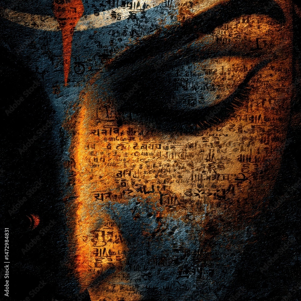 Poster intricate artistic portrait of a serene face, adorned with ancient script.
