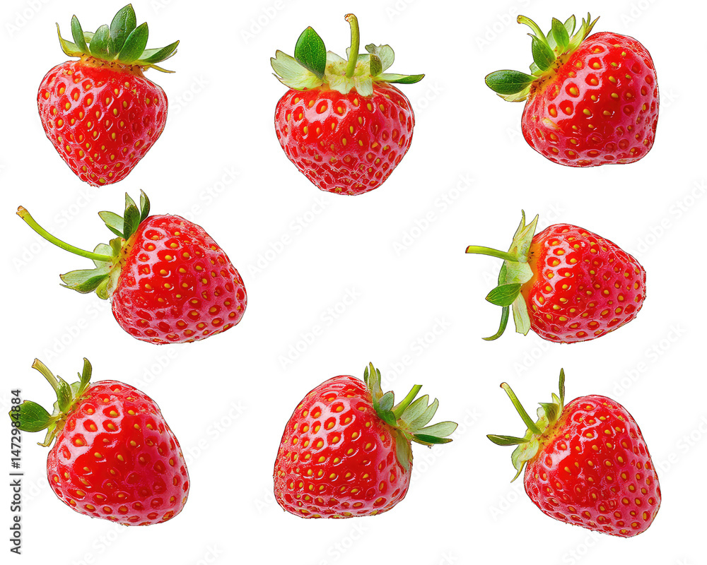 Poster nine ripe red strawberries with green leaves and stems arranged in a pattern on a transparent backgr