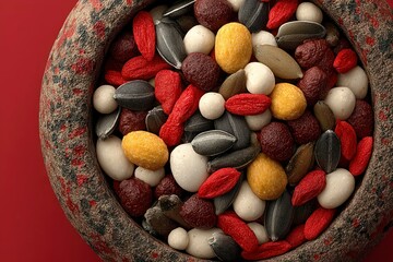 A bowl filled with assorted colorful nuts and seeds perfect for health nutrition and culinar