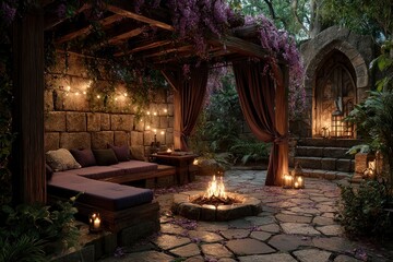 Enchanting Outdoor Seating Area with Fire Pit String Lights and Lush Greenery for Relaxation