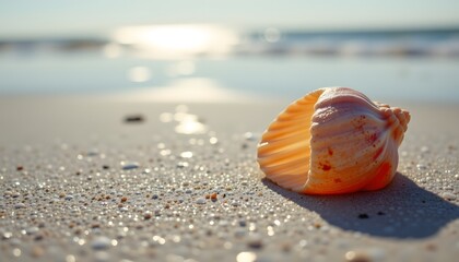 Obraz premium macro focus captures a sun drenched seashell gleaming on iridescent wet sand, dutch angle emphasizing the vastness of the shoreline melting into a hazy horizon