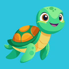 Fototapeta premium Happy Sea Turtle Cartoon: An adorable cartoon sea turtle with a bright smile and vibrant colors swims playfully against a cheerful blue background.