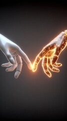 Worldwide AI governance and regulation visuals, A symbolic connection between human and robotic hands. Worldwide AI ethics in global technology governance