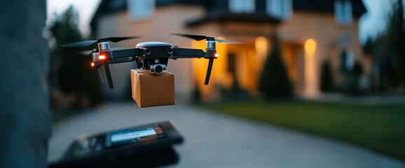 Drone Delivering Package to Home, Futuristic Tech Logistics and Online Shopping Concept