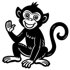 Happy Monkey Illustration: A cheerful monkey with a playful wave and big smile, rendered in bold black and white, exuding a sense of joy and approachability. 