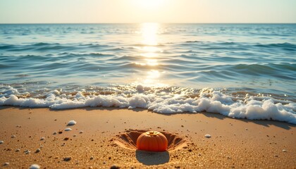 Obraz premium a beach scene during summertime bathed in daybreak shine, captured from a high angle perspective with luminous, depth focused aesthetics, golden sand meets azure water