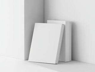 Blank books in a corner, minimalist presentation