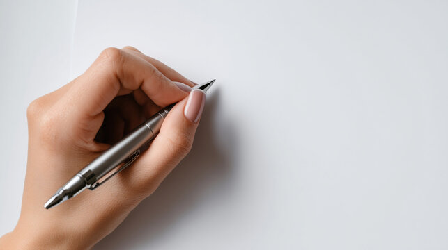 A hand holding a pen, writing on blank paper
