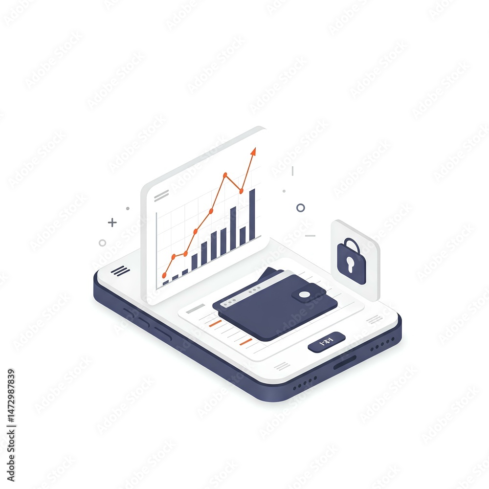 Poster secure mobile finance app showcasing growth chart on smartphone screen with digital wallet and padlo