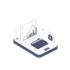 Secure Mobile Finance App showcasing growth chart on smartphone screen with digital wallet and padlock illustrating secure online banking and financial transactions for business and personal use.