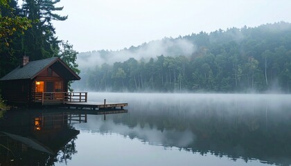 Fototapeta premium Cabin on the still lake with fog rising above a forest