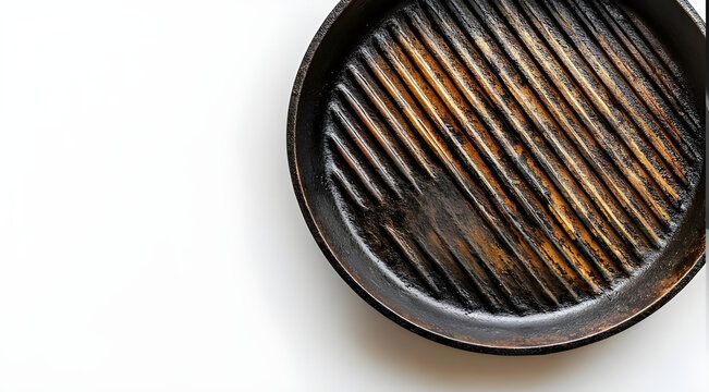 A slightly used grill pan sits diagonally on a white background. The pan is round with grill marks and some cooking residue.