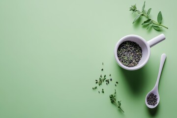 Fresh herbs and spices on a mint green background