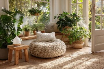Cozy indoor space with plants, a pouf, and natural light streaming in.