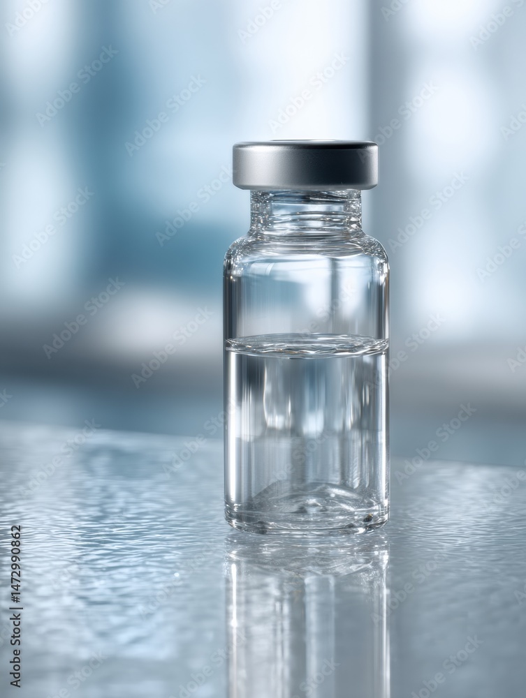 Poster sterile vaccine vial placed on a clean table surface in a medical facility setting