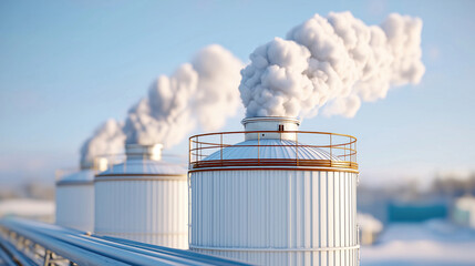 Obraz premium Industrial tanks with smoke in cold weather