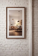 Warm home interior, framed poster hanging on clips against white brick,  scandi,  background