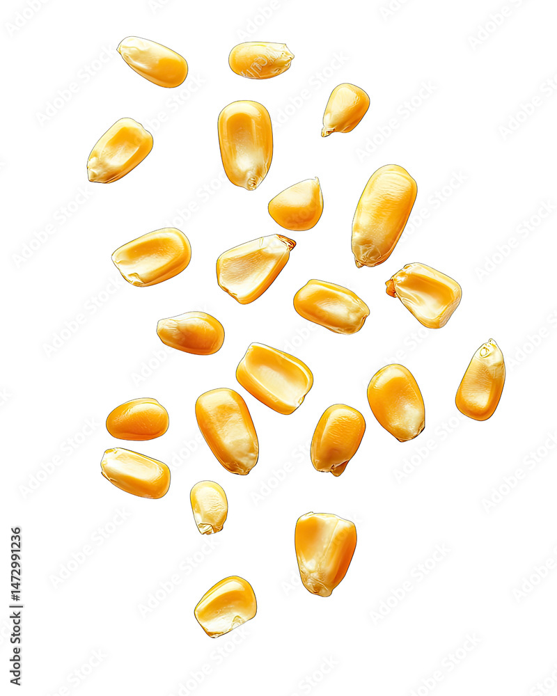Poster a scattering of yellow corn kernels on a transparent background the kernels are in various sizes and