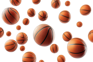 Many Basketballs Floating In The Air Against A Transparent Background