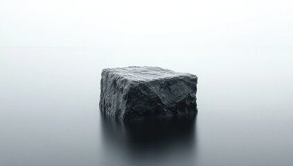 Fototapeta premium A solitary, gray cube-shaped rock rests serenely on a misty expanse of water